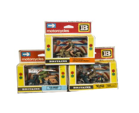 Britains No.9694 Afrika Korps Dispatch Rider, No.9672 British Despatch Rider, No.9682 U.S Army Dispatch Rider, in original bo