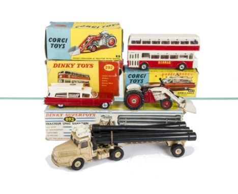 Corgi Toys 53 Massey-Ferguson 65 Tractor With Shovel, 437 Superior Ambulance, Dinky Toys 292 Leyland Atlantean Bus, French Di