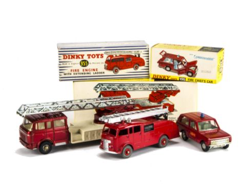 A Dinky Toys 956 Turntable Fire Escape, 955 Fire Engine With Extending Ladder, 195 Fire Chief's Car, in original boxes, VG-E,