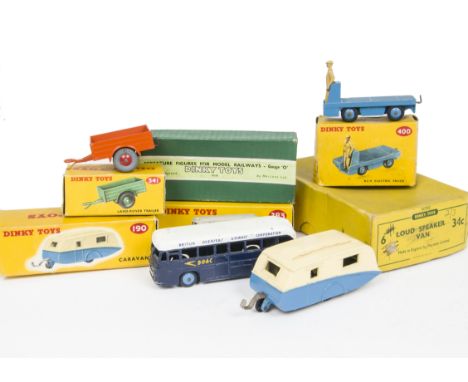 Dinky Toys 283 B.O.A.C. Coach, 400 B.E.V Electric Truck, 341 Land Rover Trailer, 190 Caravan, No.1 Station Staff, in original