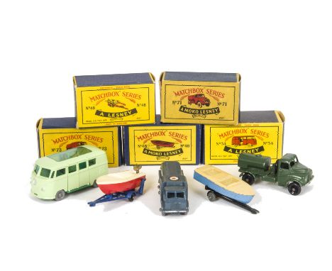 Matchbox Lesney 1-75 Series, 34 VW Camping Car, GPW, 73 RAF Pressure Refueler, 48 Sports Boat & Trailer, 71 Army Water Truck,