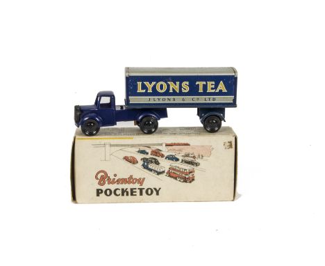 ANNOUNCE CHANGE OF ESTIMATEA Brimtoy Pocketoy No.9/520 Lyons Tea Mechanical 6 Wheel Covered Lorry, dark blue plastic cab, tin