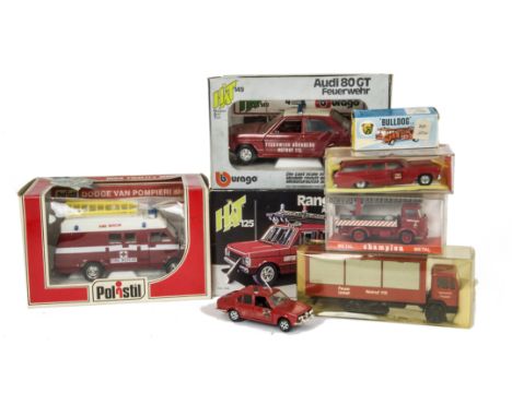 Fire Service Vehicles by Various Makers, Bburago Range Rover Airport Fire Engine, HAT 149 Audi 80 GT Feuerwehr, Polistil Dodg