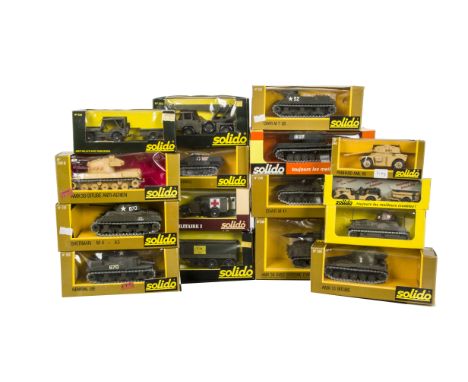 Solido Military Vehicles, including No.253 General Lee, No.231 Sherman M4-A3, No.248 Char M1 41, No.240 Panhard AML 90 and ot