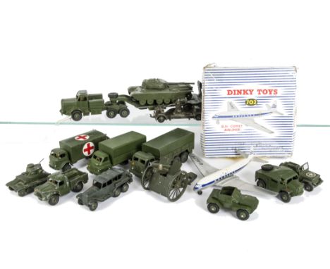 Military & Aircraft Dinky Toys, including boxed 702 D.H Comet Airliner, loose 660 Tank Transporter, 651 Centurion Tank, 622 1