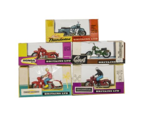 Britains No.9687 Honda Motorcycle, No.9689 Harley Davidson, No.9693 Honda Benly, No.9690 Triumph Thunderbird, No.9692 Greeves