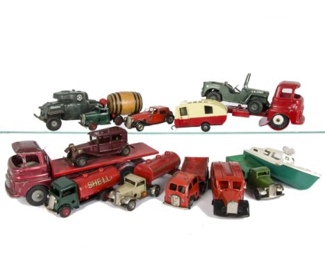 Tri-ang Minic Tinplate Vehicles and other Tri-ang toys, including Minic tinplate Breakdown Truck, Fire Engine 9 and one in pa