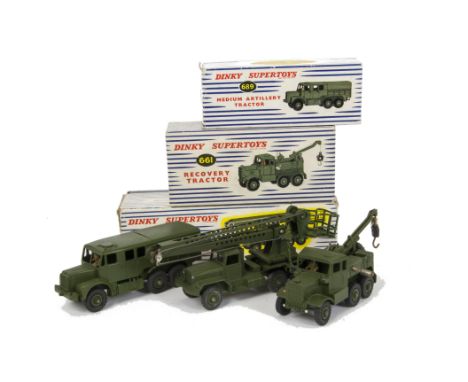 Military Dinky Supertoys, 667 Missile Servicing Platform Vehicle, 661 Recovery Tractor, 689 Medium Artillery Tractor, in orig