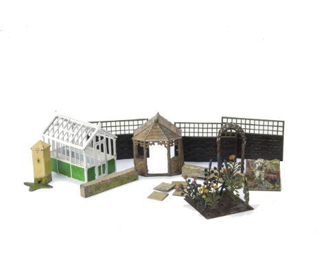 Britains lead My Garden, mostly flowers, also beds, a few walls, paving slabs, reproduction greenhouse, Hilco Summer House, a