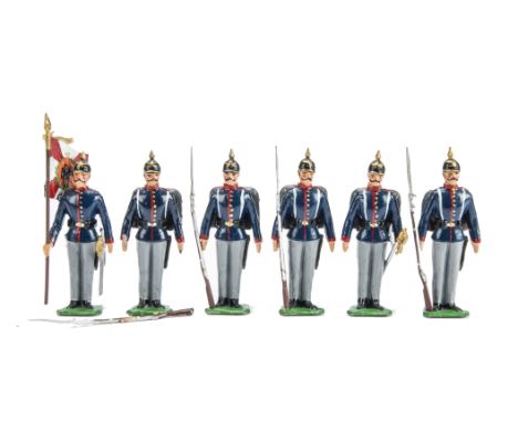 Recast Heyde 90mm 19th Century Prussian Infantry in field uniform including flagbearer and officer, generally VG, (6),  flagb