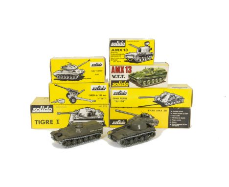 1960s-70s Solido Military Vehicles, No.202 Patton Tank, No.208 SU 100 Tank, No.209 AMX 30 Tank, No.205 105C Cannon, No.222 Ti