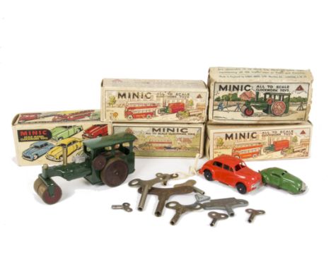 Tri-ang Minic, including 33M pre-war Steam Roller, in original box, loose 93M O Saloon, plastic Morris Minor, empty Minic box