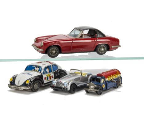 A Bandai Tinplate GT Car Series Lotus Elan, red body, black roof, friction drive motor, Wells Brimtoy tinplate clockwork 'Reg