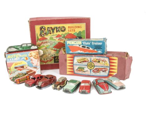 Glam Toy Products Tinplate 'Automatic Garage, with spring loaded door and three cars, VG-E, Wells Brimtoy No.709 Car Transpor