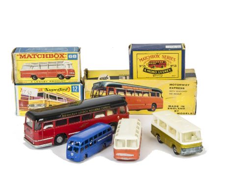 Budgie Toys No.296 Motorway Express Coach, Matchbox Lesney 1-75 Series 58 BEA Coach, GPW, 68 Mercedes Coach, Superfast 12 Set