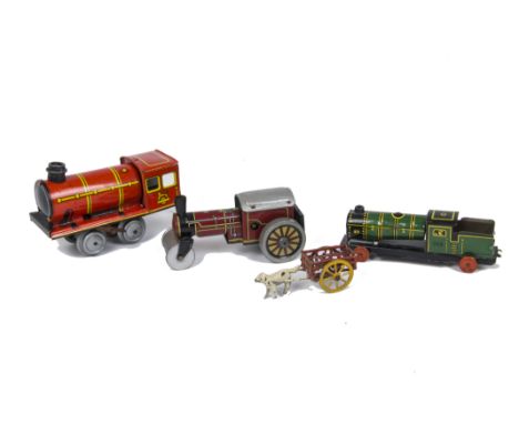 Penny Toy Trains and larger models and Simon and Rivolet Cart, Georg Fischer US Zone Germany 4-wheel green Locomotive No 329,