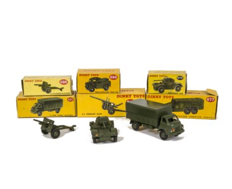 Military Dinky Toys, 670 Armoured Car, 686 25-Pounder Field Gun, 621 3-Ton Army Wagon, 677 Armoured Command Vehicle, 688 Fiel