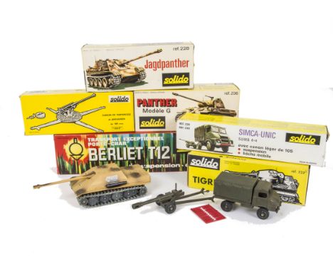 1960s-70s Solido Military Vehicles, No.211 Berliet T12 Tank Transporter, No.235 Simca Unic 4x4 Truck & Canon, No.228 Camoufla