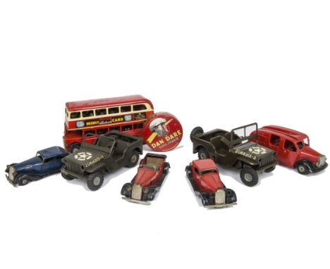 Tri-ang Minic Tinplate Clockwork Vehicles, Double Decker Bus, Fire Engine, Jeep No.2 (2), Vauxhall Cabriolet, Vauxhall Tourer