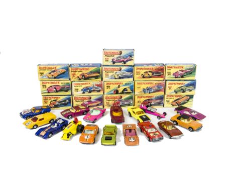 Matchbox Superfast, including 21 Rod Roller, 61 Blue Shark, 9 AMX Javelin, 3 Monteverdi Hai, 75 Carabo, 51 Citroen SM, 59 Fir