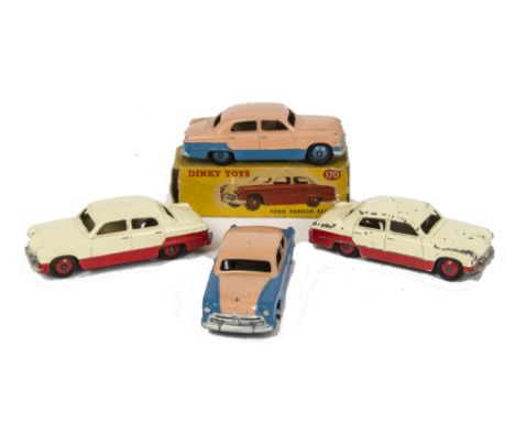 Dinky Toys 170 Ford Fordor Sedan, four two-tone examples, first lowline red/white body, red hubs, in original box, second loo