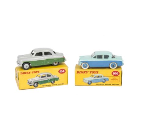 Dinky Toys 164 Vauxhall Cresta, green lower body, grey upper and hubs, 166 Sunbeam Rapier Saloon, blue lower body and hubs, t