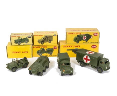 Military Dinky Toys, 641 Army 1-Ton Cargo Truck, 676 Armoured Personnel Carrier, 643 Army Water Tanker, 626 Military Ambulanc