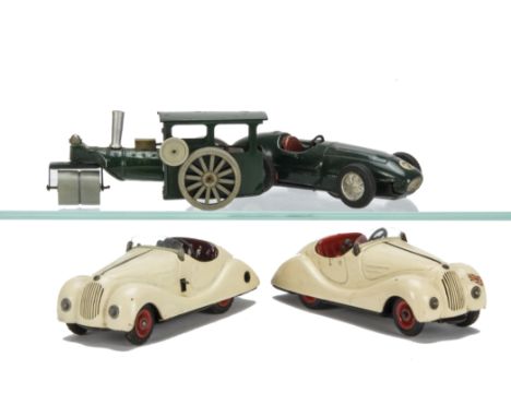 Schuco Tinplate Clockwork Examico 4001, cream body, maroon seats, G, another similar damaged example, P, Tri-ang Minic Steam 