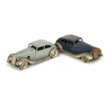 A Pair of Tri-ang Minic 4M Pre-War Sports Saloons, first with grey body, plated rounded wings, F-G, second dark blue body, pl
