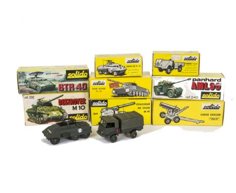 1960s-70s Solido Military Vehicles, No.240 Panhard AML90, No.203 Renault 4x4, No.225 Rocket Launcher BTR 40, No.207 Amphibian