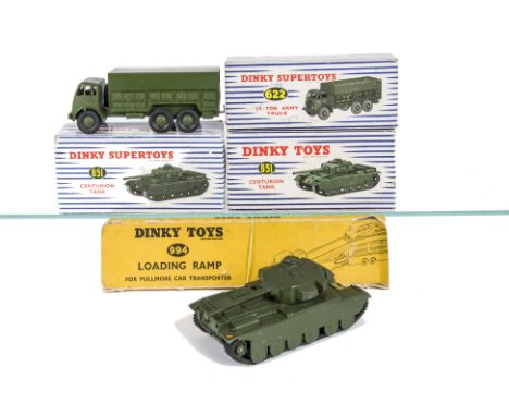 Dinky Toys 651 Centurion Tank (2), 622 10-Ton Army Truck, 994 Pullmore Car Transporter Loading Ramp, in original boxes, G-VG,
