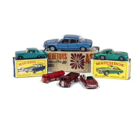 A Mebetoys A37 NSU Ro80, metallic blue body, brown interior, Matchbox 1-75 Series 33 Ford Zephyr III, BPW, 75 Ferrari Berline