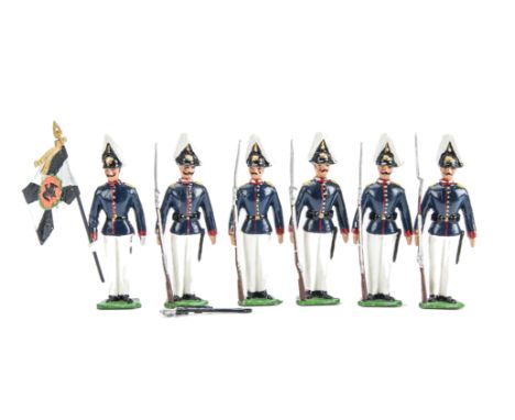 Recast Heyde 90mm 19th Century Prussian Alexander Guards including flagbearer, generally VG, (6),  flagbearer with detached s