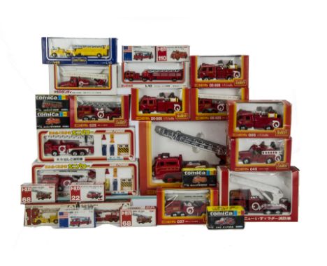 Japanese Diecast Fire Engines, including Tomica Dandy 002 Hino Aerial Ladder Fire Truck, 045 Izuzu TXD23F Fire Engine, 005, 0