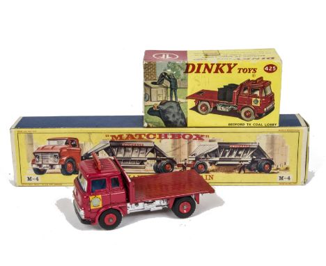 Dinky Toys 425 Bedford TK Coal Lorry, red body, blue interior, clear windows, scales, roof sign, Matchbox Major Pack M-4 Frue