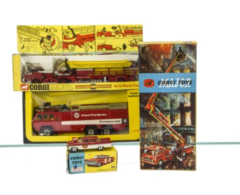 Corgi Major Toys 1127 Simon Snorkel Fire Engine, 1118 Chubb Pathfinder Airport Fire Service Unit, 1143 American LaFrance Aeri