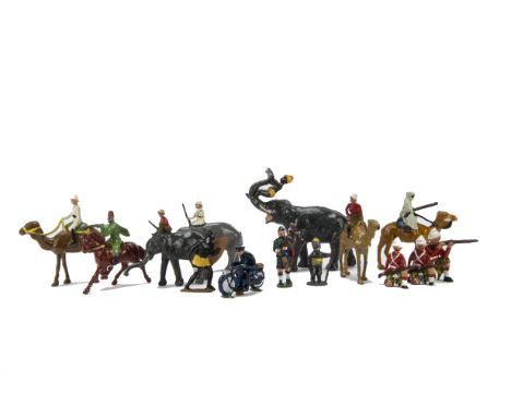 Figures riding camels by Marlborough, Hill (2), B & T (4), on Elephants (3), loose mahout, Zulus (2), Fry motorcyclist, Hilco
