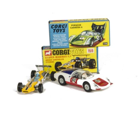 A Corgi Toys 330 Porsche Carrera 6, white body, red bonnet and doors, RN60, cast hubs, blue engine cover, 159 Cooper-Maserati