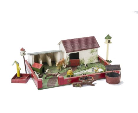 Farm lead by Britains, Hilco, Crescent, Timpo etc, including Hilco pond, Cherilea Cow with bell, Britains Begging Dog and Jer