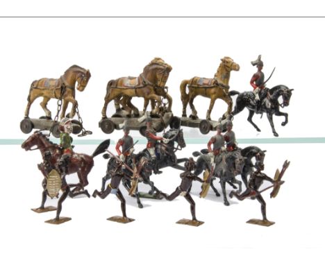 Britains loose Zulus (5) and Lifeguards from set 1,   cowboys (3) and Indians (2), by Hilco (5), Elastolin horses (4), papier