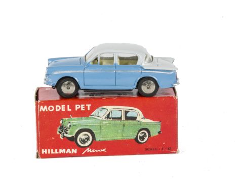 Asahi Toy Co (ATC) Model Pet No.9S Hillman Minx, blue lower body, grey upper, cream interior, flat spun hubs, in original box