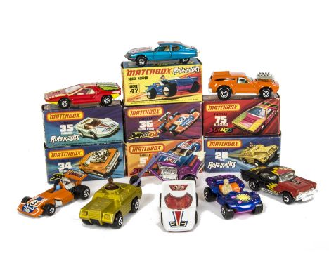 Matchbox Superfast, 51 Citroen SM, 34 Vantastic, 28 Stoat, 75 Alfa Carabo, 36 Formula 5000, 47 Beach Hopper, 35 Fandango, in 