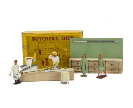 Crescent Toys boxed No. 1230 Butcher's Shop set, complete with all accessories, meat, counters etc, F-G, fatigue to butcher's