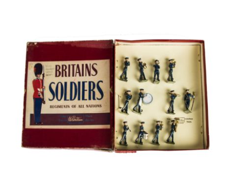 Britains post WW2 12 pce set 2116 Band of the Royal Air Force, restrung into original ROAN box, VG in G box, box lid with 1 c