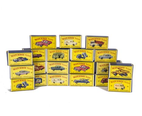 Matchbox Lesney 1-75 Series Empty Boxes, type D boxes including 22 Vauxhall Cresta, 14 Lomas Ambulance, 6 Quarry Truck, 7 For