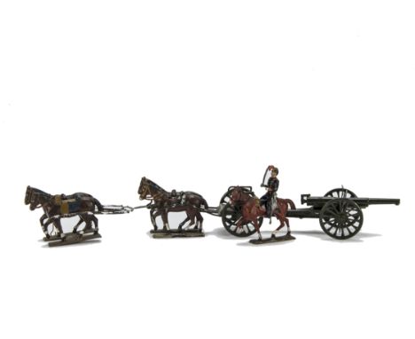 Mignot post WW2 production Prussian Gun Team,  consisting of gun, limber, 2 sets of 2 horses, mounted outrider and horse, gen