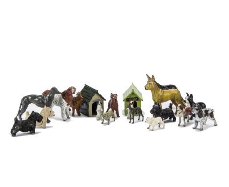 Lot of lead dogs by Britains, Timpo, Hilco etc, including Hilco kennels (2), Britains Begging Dogs (2), and Greyhound, genera