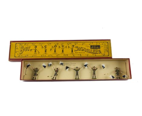 Britains post WW2 set 163 Boy Scout Signallers, restrung into original box, VG in G box, 1 figure not quite matching, box lab