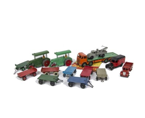Dinky Toy Commercials, 251 Aveling Barford Diesel Roller (2), 2nd type Foden Flat Truck, orange cab/chassis, green hubs and f