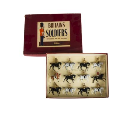 Britains post WW2 set 9406 The Band of the Lifeguards, 12 pce set, restrung into original ROAN box, VG in VG box,   minor wea